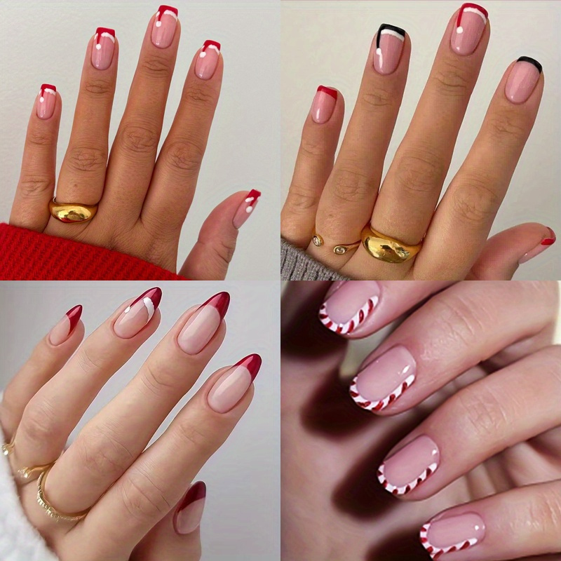 TEMU 96 Pieces Of Nail, Short Square Red And White Stripes Nail Piece Design, Winter Christmas Acrylic Nail Full Set Of Fake Nails, Suitable For Women Wear Nail