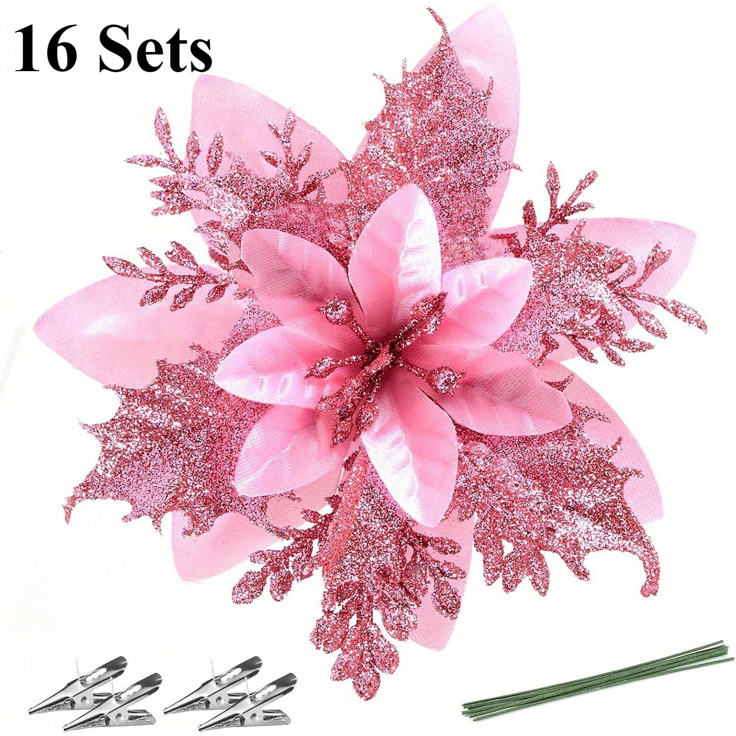 

16pcs Pink Glitter Poinsettia Flowers With Clips & Stems - Christmas Tree, Wreaths, Garlands & Holiday Decorations, Thanksgiving