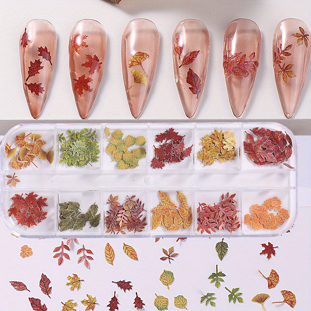 TEMU 12-grid Autumn Mix Nail Art Leaf Decorations, Ultra-thin Wooden Maple Leaf Studs For Diy Fall And Thanksgiving Manicures, Unscented - 1 Box