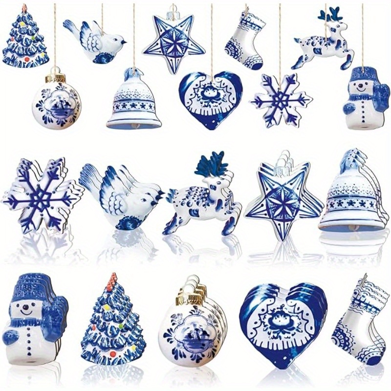 

20-piece Wooden Christmas Hanging Ornament Set - Festive Holiday Decorations, Blue & White Snowflakes, Snowman, Reindeer - No-electricity Required Party Supplies For Home, Yard, Christmas &