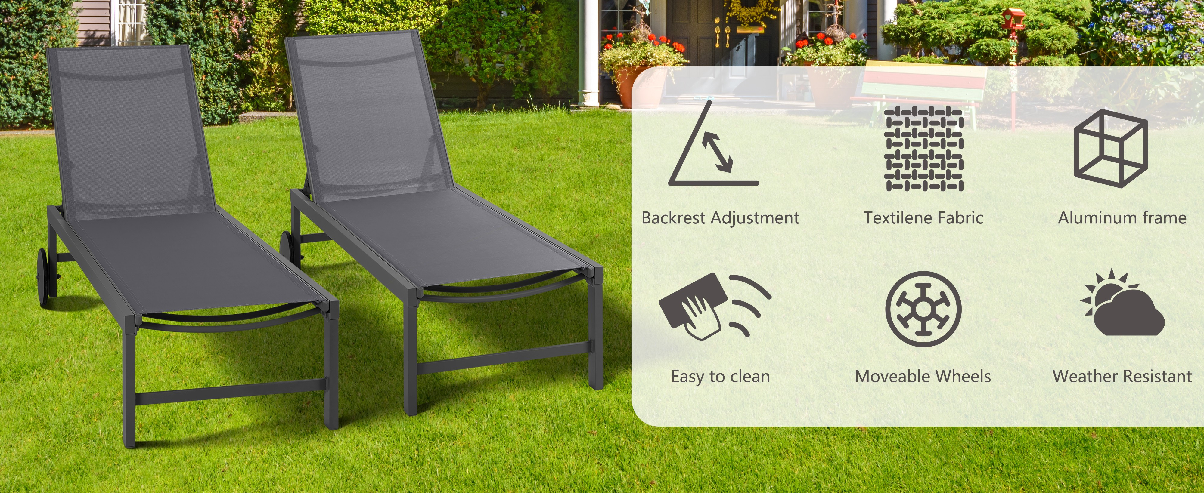 2pcs Aluminum Chaise Lounge Chairs with Wheels Outdoor Adjustable Recliner Five-Position and Full Flat All Weather for Patio, Beach, Yard, Pool