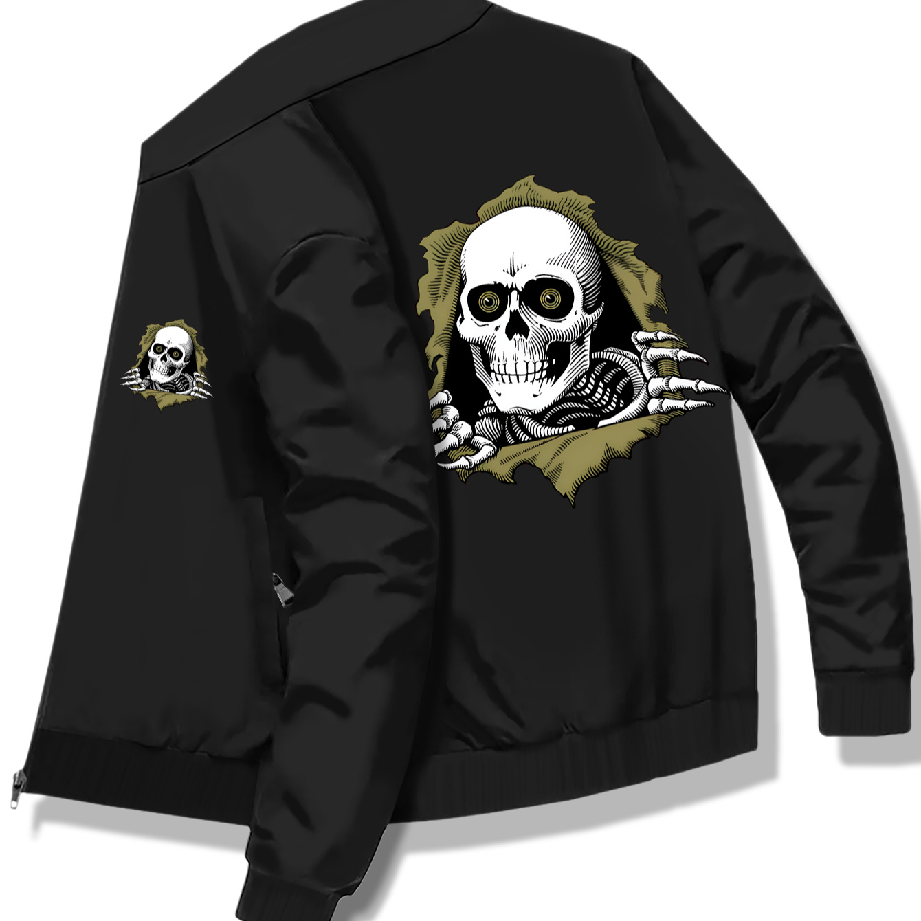 

Men's Casual College Style Jacket - Knitted Polyester, Machine Washable, High Collar, Skull Printed Pattern