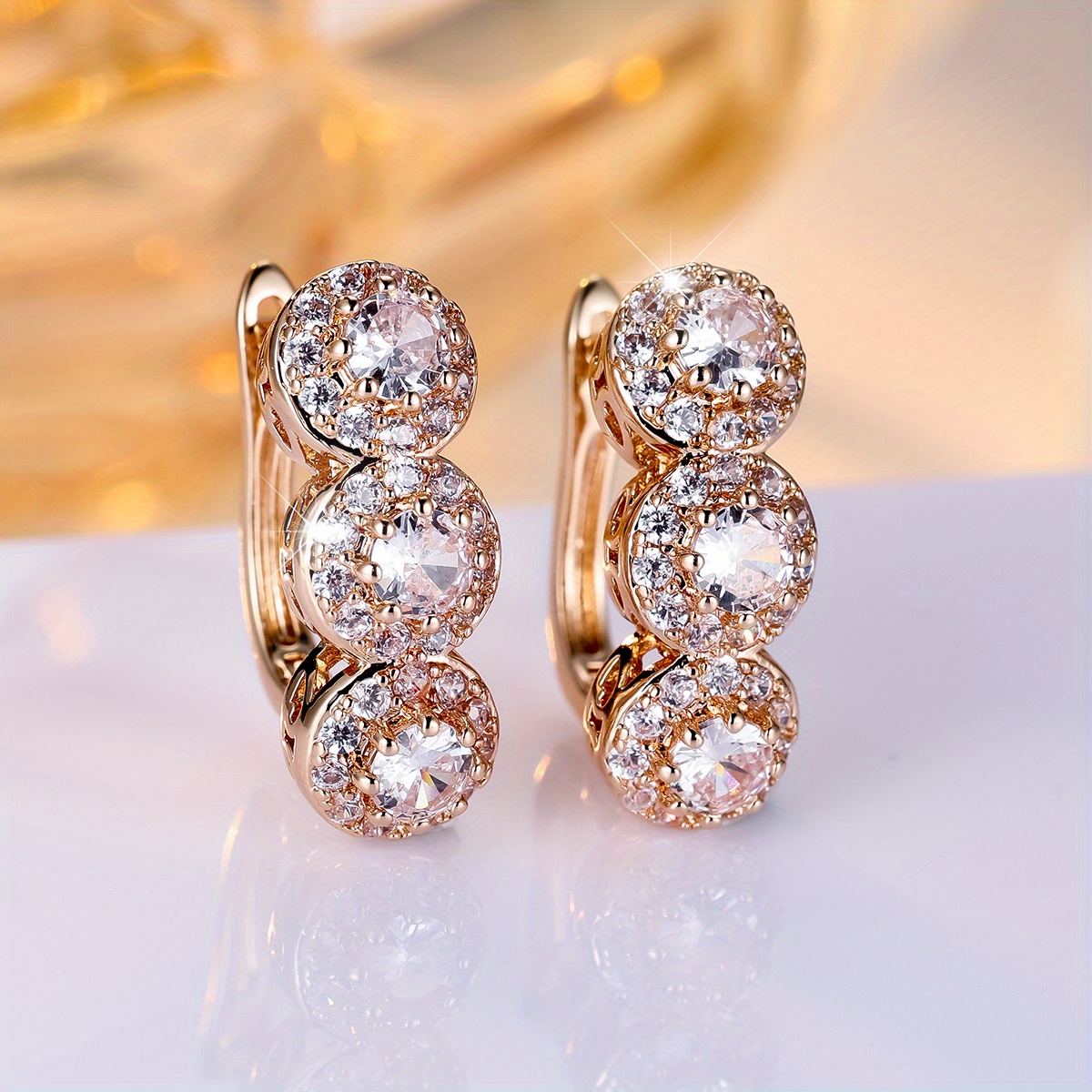 1 Pair Luxury Golden Color Round Cut White Stone Drop Earrings Bling Bling 3 Stone Earrings Valentine's Day Gifts For Pretend Play