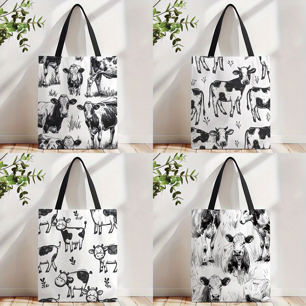 

1pc, Cute Cows & Farm Animals Canvas Tote Bag, 16.5x13.3in, Hand Drawn Cartoon Style, Digital Printed, Reusable, Machine Washable, Ideal For Shopping, Vacation, Work, Women's Fashion Accessory