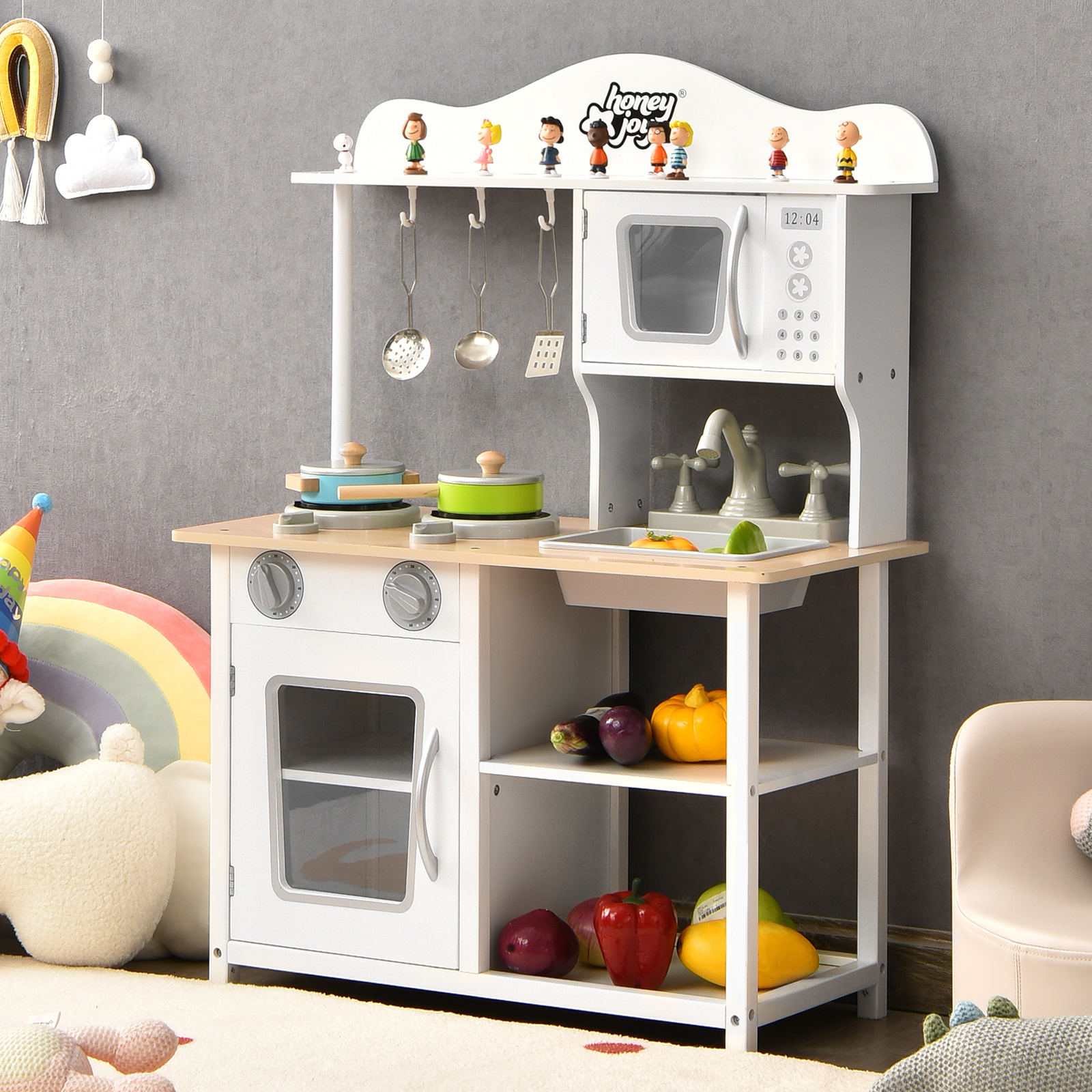 TEMU Maxmass Kids Play Kitchen, Wooden Play Kitchen W/ Sink, Oven, Microwave, Stove, Kitchen Playset W/ Cooking Pots, Utensils, Pretend Play Cooking Set For Kids Toddlers