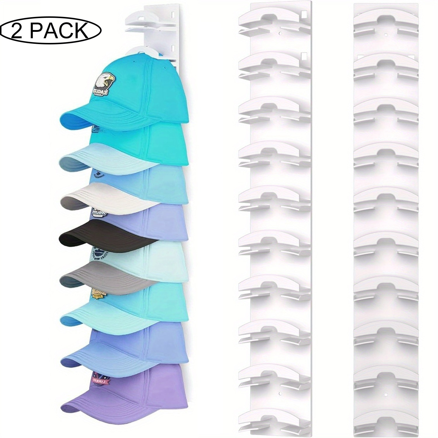 

2 Pcs Baseball Hat Storage Hooks With Strong Adhesive, Up To 20 Hats, Door Closet Hat Rack, Multi-tier Hat Organizer, 2 Mounting Options, Wall Mounted Hat Collection Rack