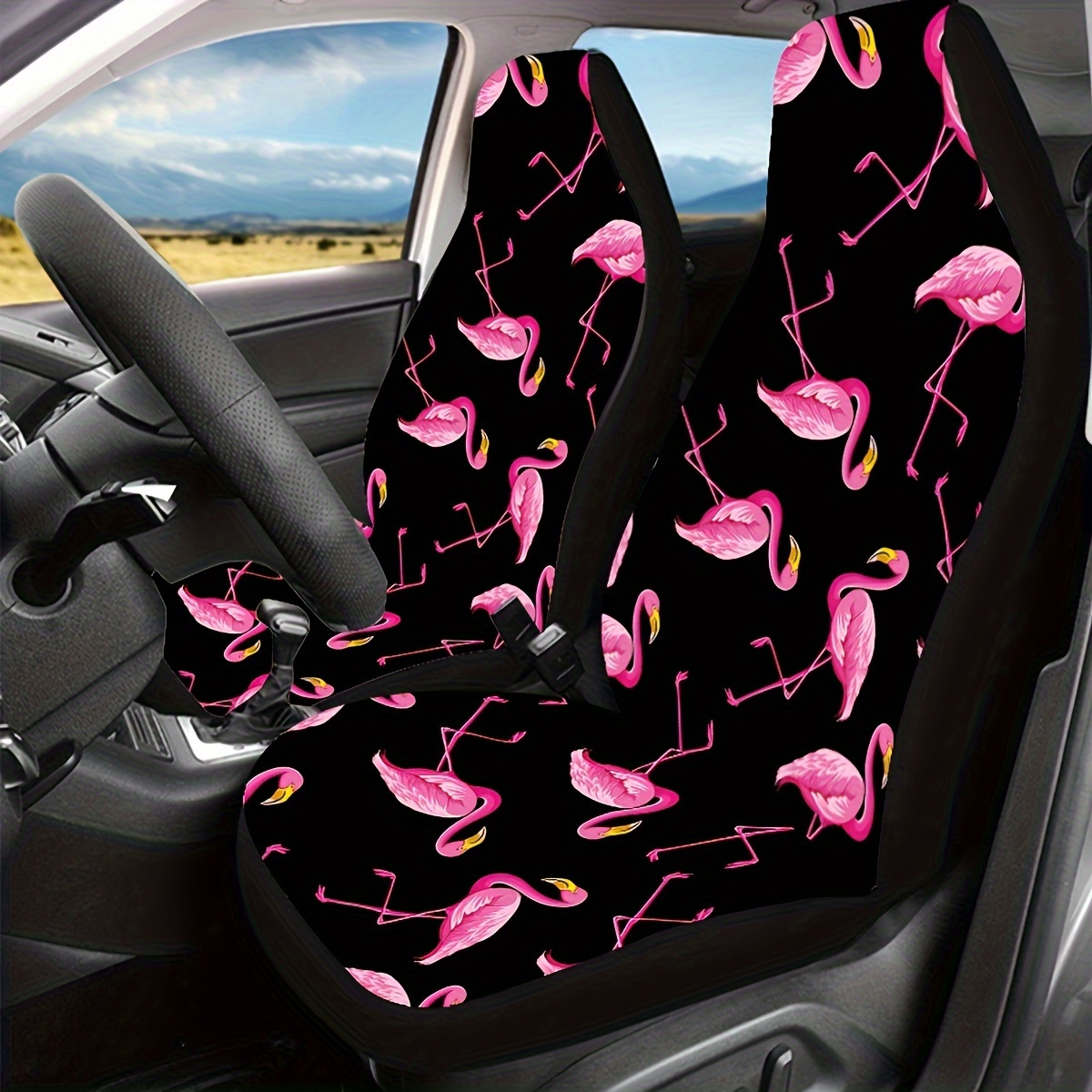 

Festive Flamingo Pattern Car Seat Cover - No Filling, Polyester Material, Suitable For Various Car Models