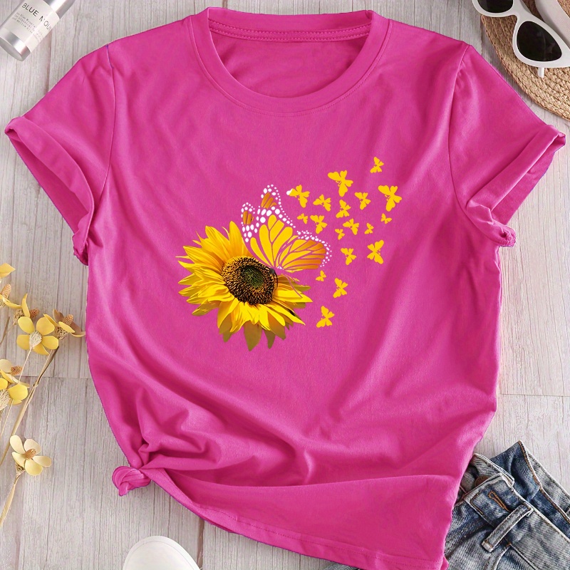 

Women' Sunflower & Graphic T-shirt, Casual Round Neck Short Sleeve Top - Vibrant , Comfortable Polyester Fabric, Casual Attire