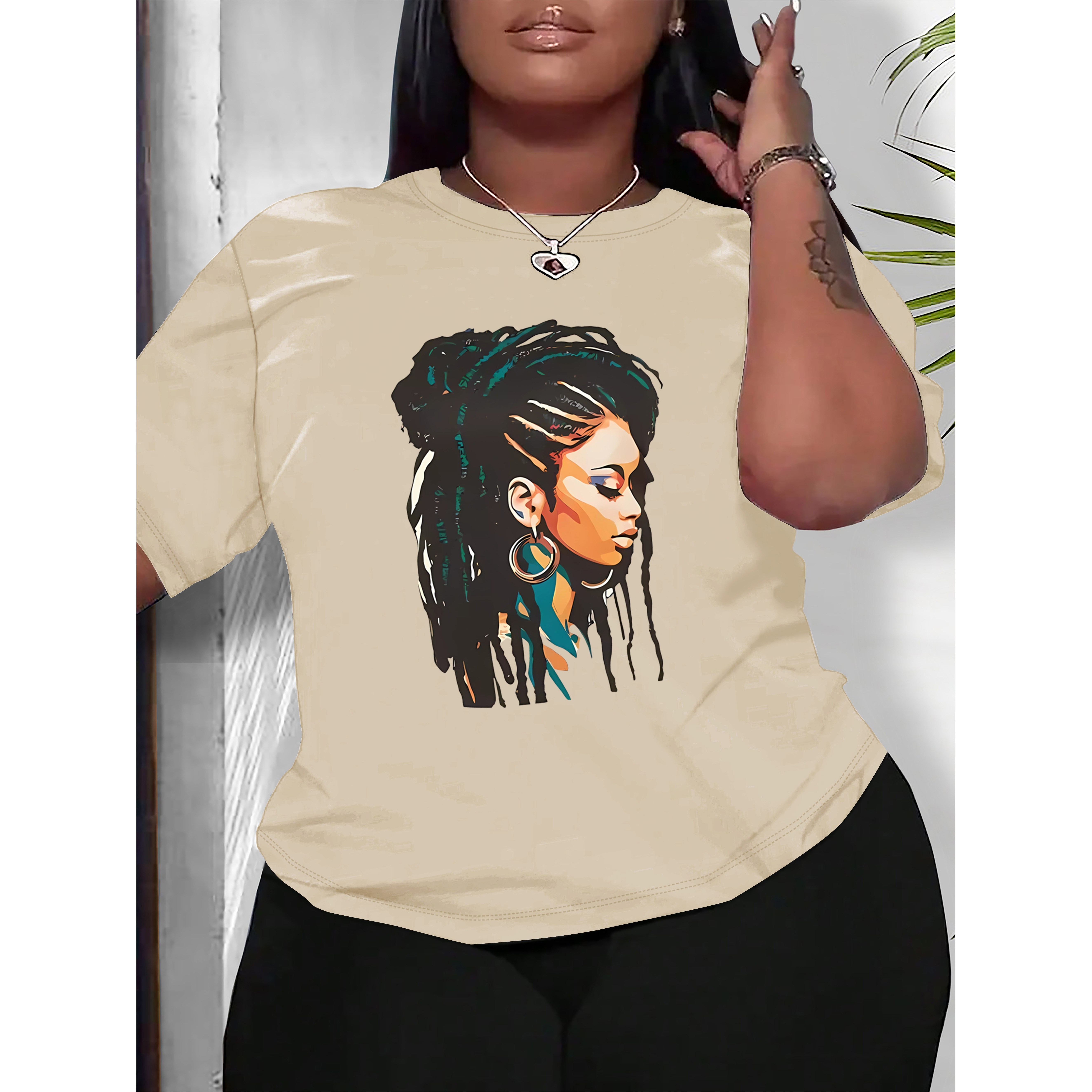 

Large Sizewomen's Plus Size Casual Sports T-shirt, Portrait Print, Comfortable Fit Short Sleeve T-shirt, Fashionable Breathable Casual Top