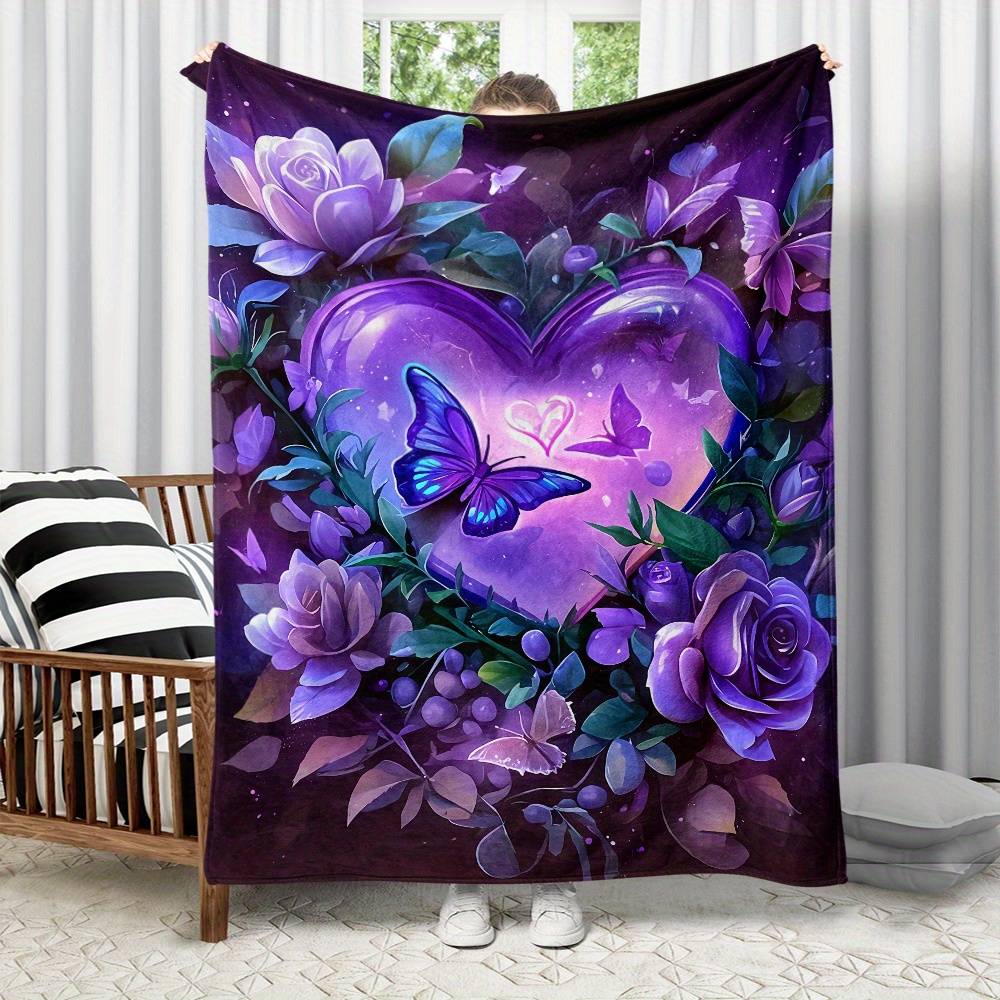 

Cozy Purple Rose & Butterfly Flannel Throw Blanket - Soft, Warm, Lightweight For Couch, Bed, Travel, Camping - Fleece, Multiple Sizes