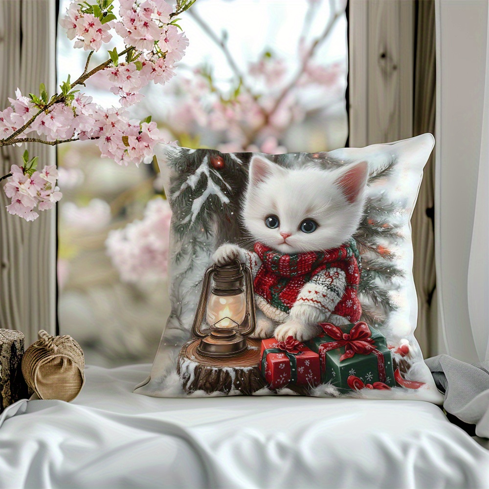 

1pc Christmas Cat - & , Cushion For Sofa, Bed, Car, Contemporary Zippered Pillowcase, , Decor, Not Included