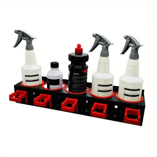 5 slot metal spray bottle holder wall mount rust proof workshop home storage rack for cleaning supplies detergents accessories with edges included utility shelves