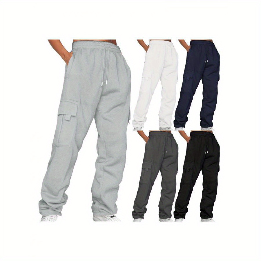 

Men's Fleece-lined Cargo Pants - Solid Color, Casual Joggers With Pockets, Stretch Waist, Machine Washable, Fit For Streetwear