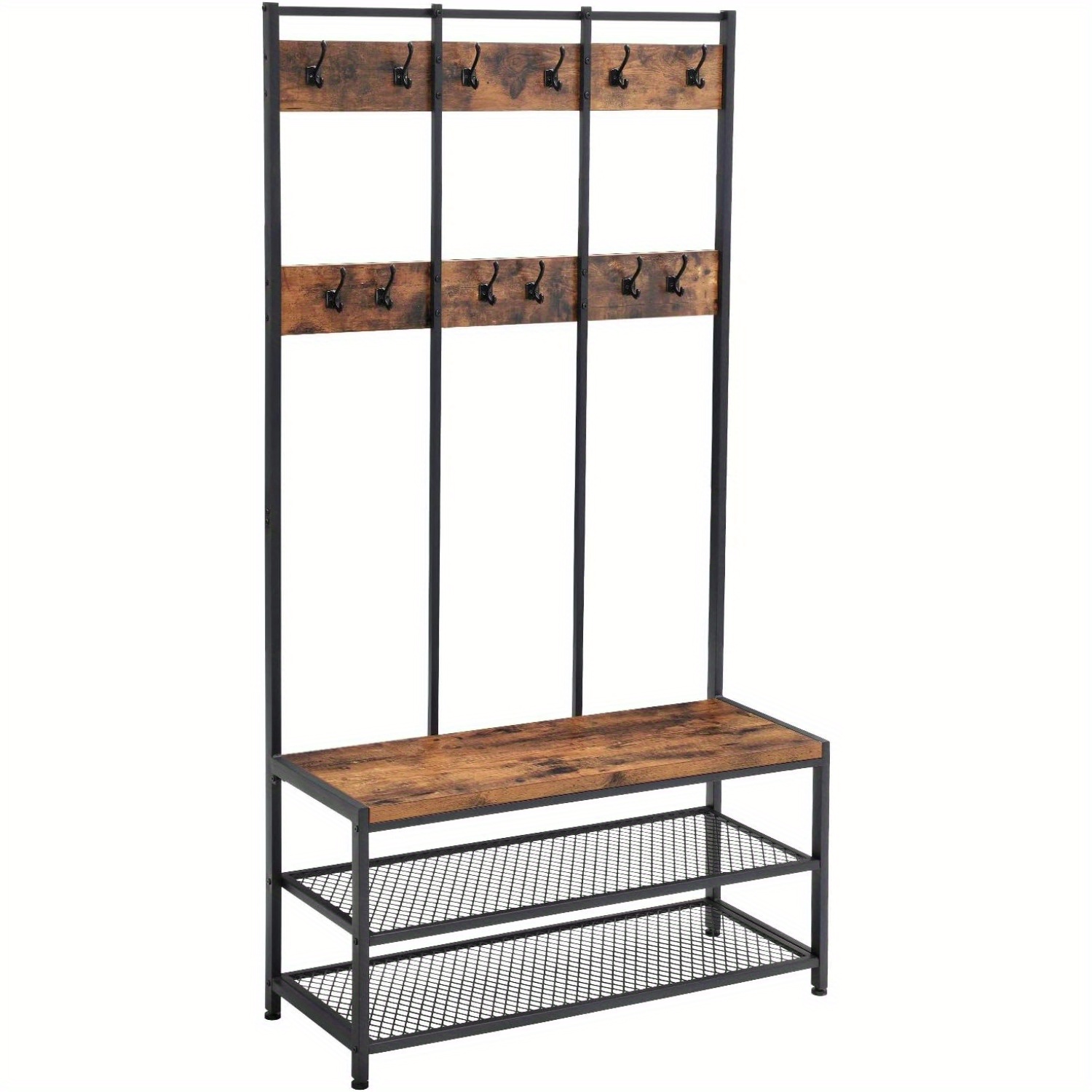 TEMU Large Coat Rack, Entryway Cabinet With 12 Hooks And Shoe Bench, Industrial Style Shelf, Office Bedroom, , Rustic Brown And Black