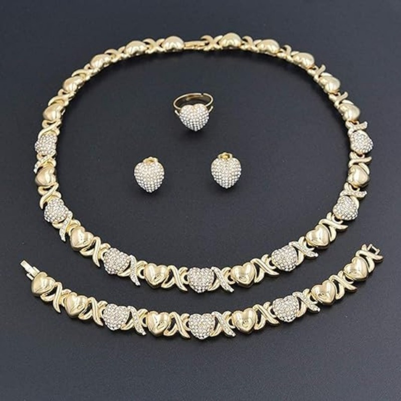 

Women's Jewelry Necklace Set 18k Gold-plated Bride Bridesmaid Fashion Rhinestone Wedding Jewelry Necklace Earrings Bracelet Ring 4-piece Set