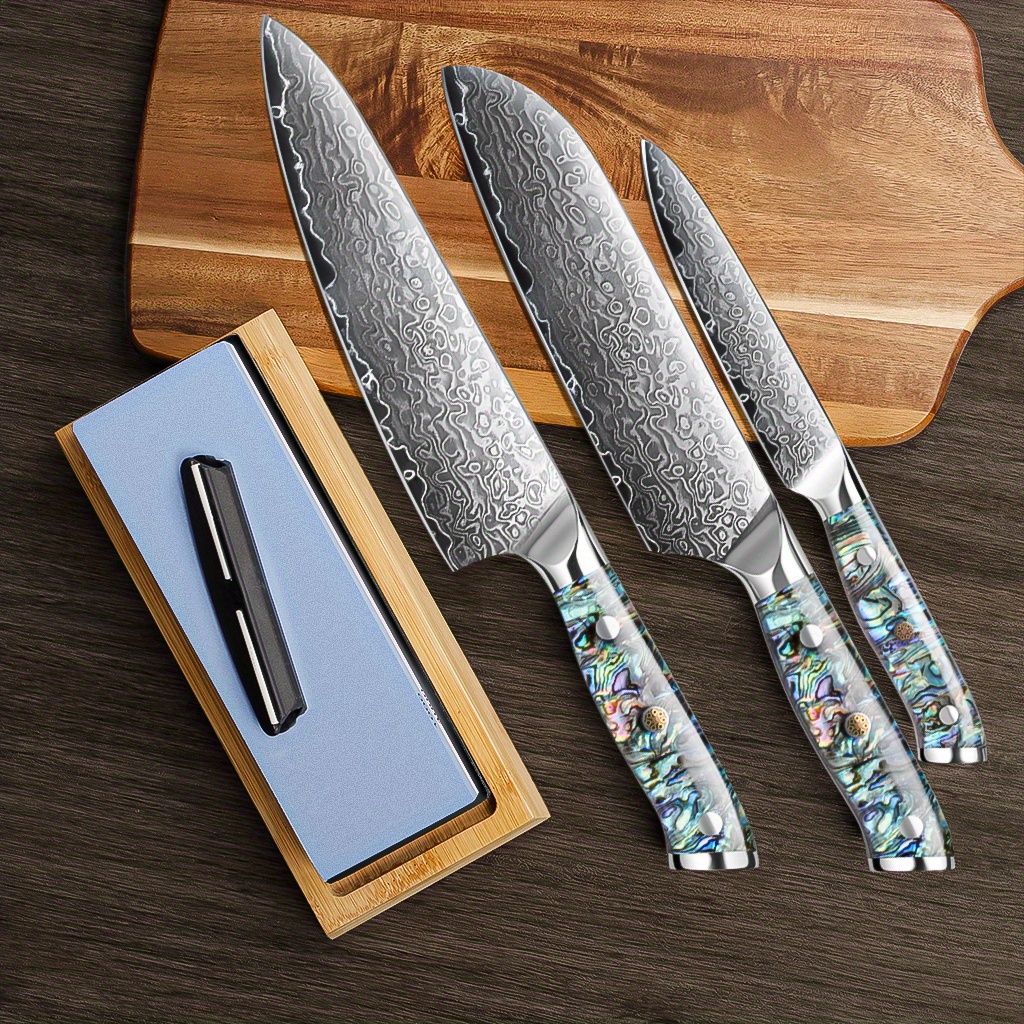 

Knife Set With Sharpener 4 Piece, Professional Kitchen Knife Set, 67 Layers Damascus High Carbon Stainless Steel, Abalone Shell Handle, Sharp Chef Knife Set