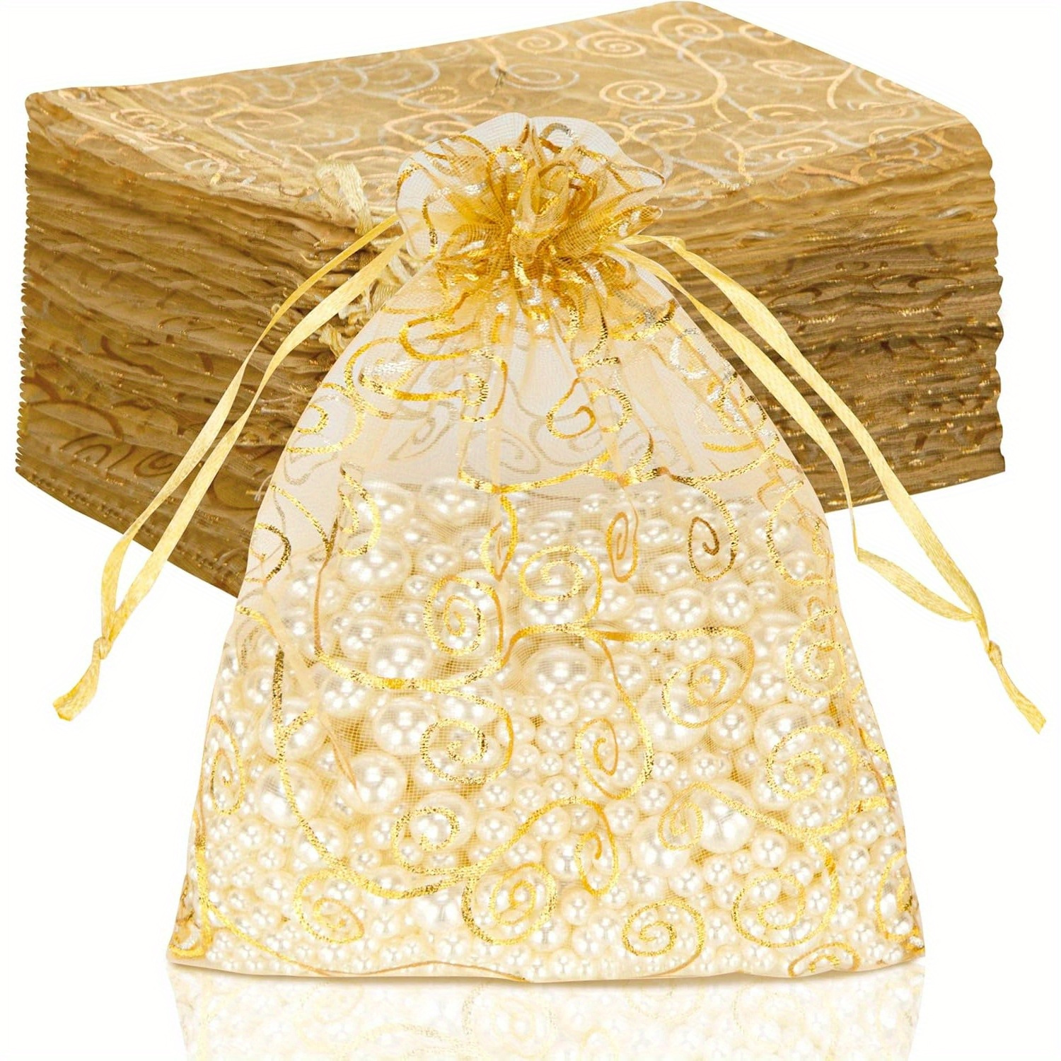 

Organza Gift Bags - 20 Pack, Golden Sheer Drawstring Pouches 5x7", Mesh Jewelry Favor Bags With Rattan Print For Wedding, Party, Christmas Candy Packaging