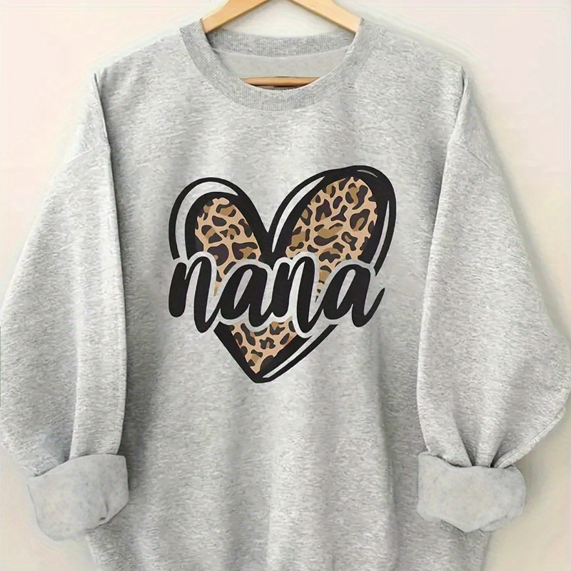 

Women's Fashion Sweatshirt, Leopard Print "nana" Heart Graphic, Casual Round Neck Pullover, Polyester, Knit Fabric, Autumn/winter Season, Ladies' Fashion Hoodie