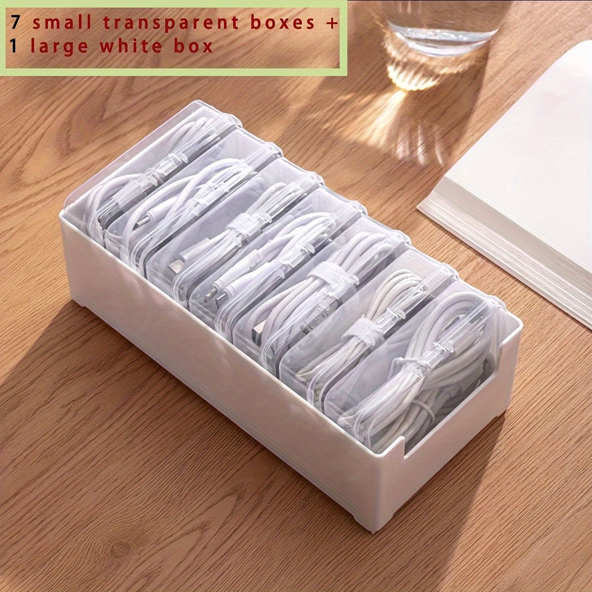 TEMU Plastic Cable Organizer Box Set With 7 Clear Storage Trunks - Non-waterproof, Multipurpose Desktop Cord Management, Charging Cable & Accessory Organization With Winders