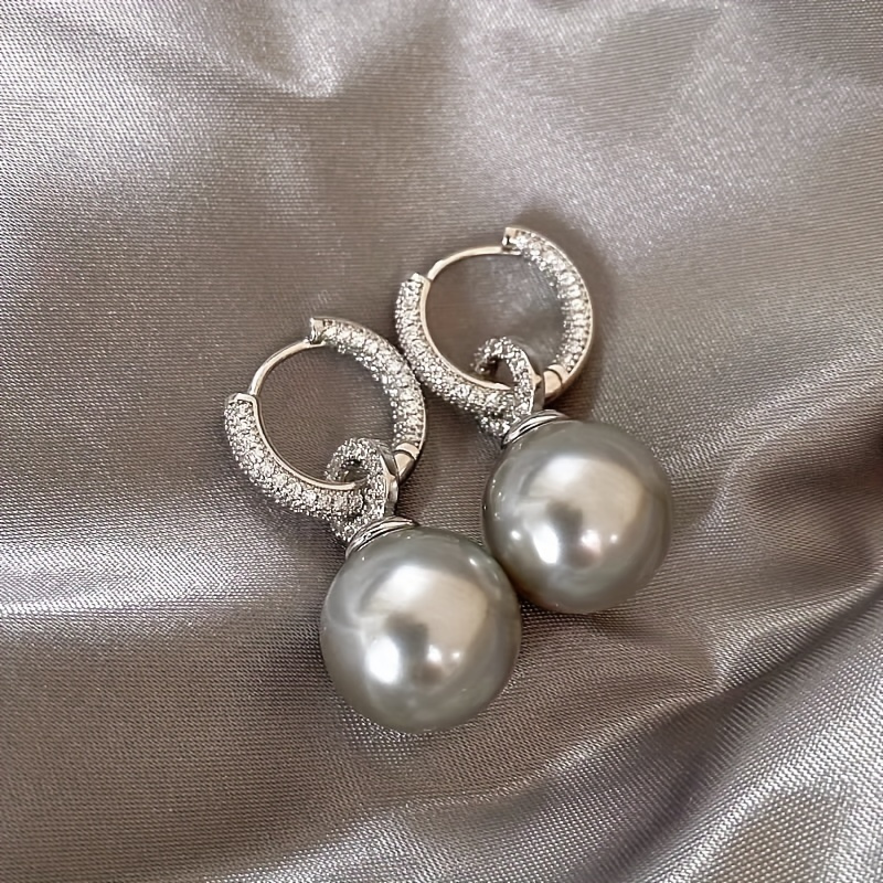 

1 Pair Elegant Grey Pearl & Zirconia Dangle Earrings For Women - Vintage Bohemian Style, Ideal For & , Perfect Gift For Holidays