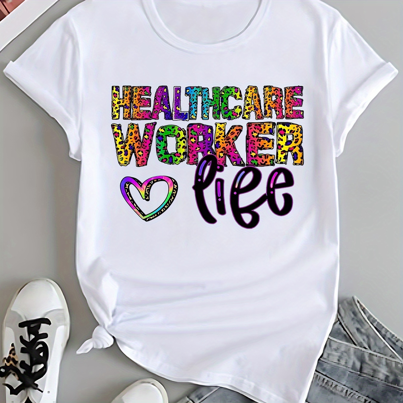 

Worker Appreciation T-shirt For Women - Casual Polyester Knit Fabric With Medium Stretch, Round Neck, Alphabet Letter & Heart Print, Unisex Short Sleeve Top For All Seasons