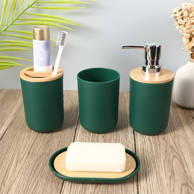 

Bathroom Accessories Set Of 4, 350ml Plastic Soap Dispenser With Bamboo Lid,, Freestanding, No Electricity Needed