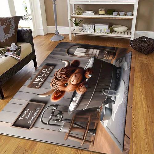 1pc cartoon highland cow print soft thickened bath rug non mat for bathroom living room bedroom laundry machine washable flannel sponge decor halloween special