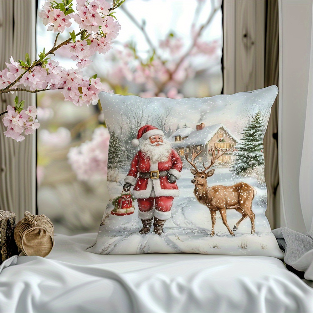 

Santa & Reindeer Christmas Throw Pillow Cover - Soft Short Plush, Hidden Zipper Design, Sofa, Bed, And Car Decor (pillow Insert Not Included), Best For Christmas