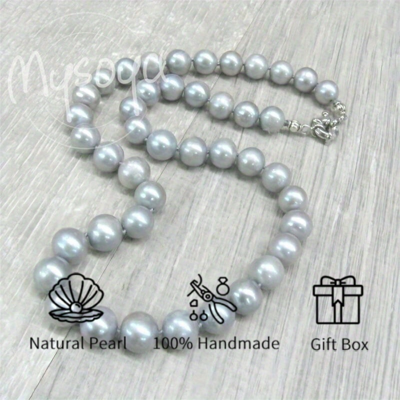 Natural Gray Freshwater Pearl Necklace - 10-12mm Pearls With Flower Zirconia Clasp, 16.14" Length, Elegant Gift