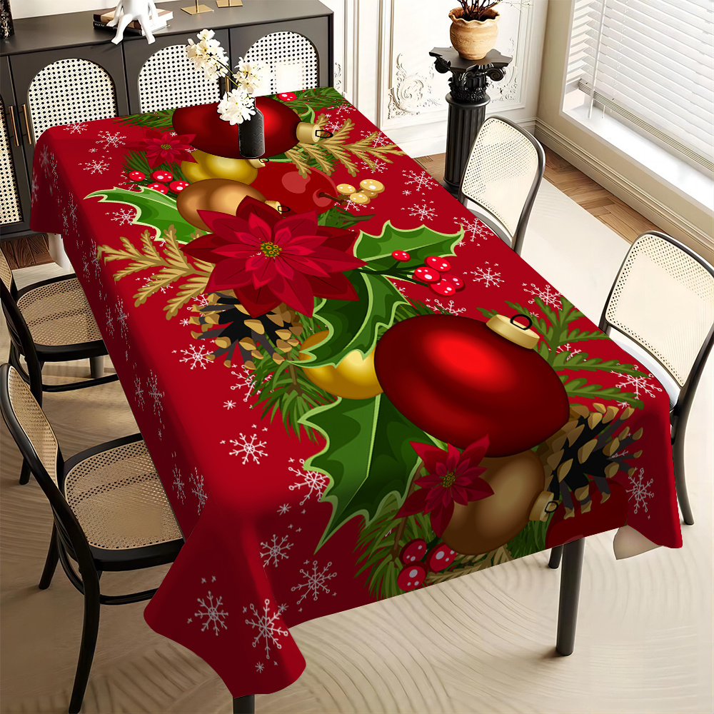 

Christmas Holiday Tablecloth - 1pc Festive Print, Stain Resistant, Machine Washable, Polyester Knit Fabric, Rectangular Shape For Home, Kitchen, Restaurant, Cafe, Party, Wedding, Banquet, Gift