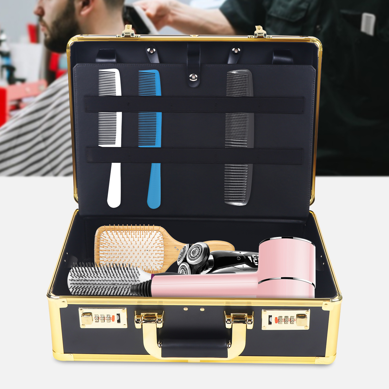 

Grand kit de rangement pour outils de salon de beauté, étui de transport de voyage pour coiffeur, sac de voyage pour outils de coiffeur avec serrure à combinaison (doré)