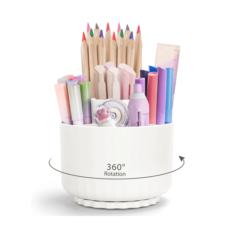 

Modern Desk Organizer With 5 Compartments - Polished Finish Pp Pen Holder With 360° Rotation Feature, Multifunctional Flush Mount Pencil Cup For Office, School, Home, Art Supplies - White