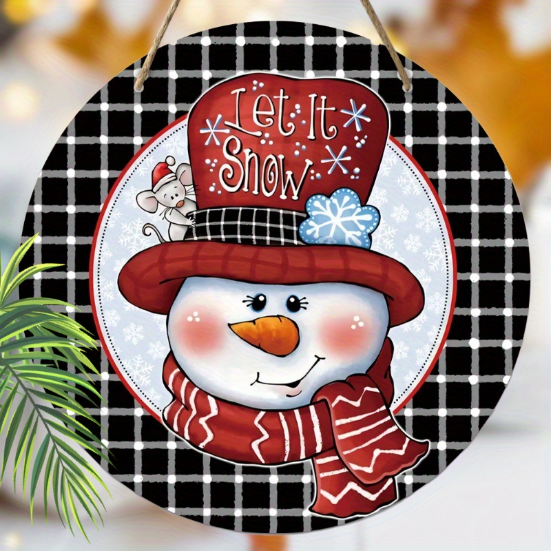 

1pc Rustic Wooden Snowman Wreath With "let It Snow" Sign, Festive Christmas Wall Hanging Decor, Classic Black And White Plaid Design, 11.8 Inches, For Home, Kitchen, Outdoor, Garden, Party Supplies