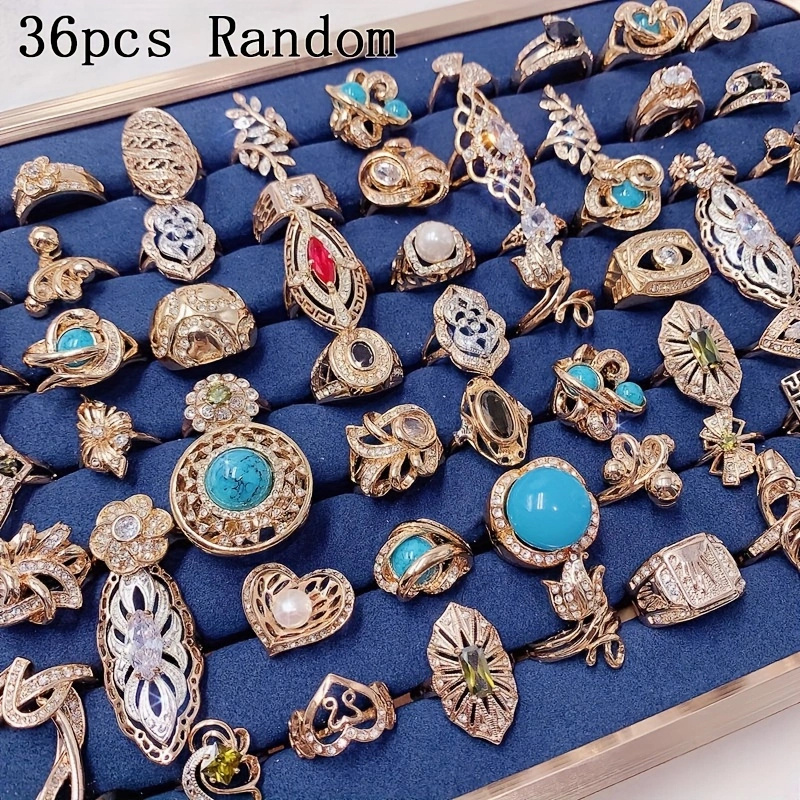TEMU 36pcs Random Chic Vintage Stacking Finger Rings, Inlaid Shining Zirconia/ Turquoise/ Rhinestones For Daily Outfits Party Accessories