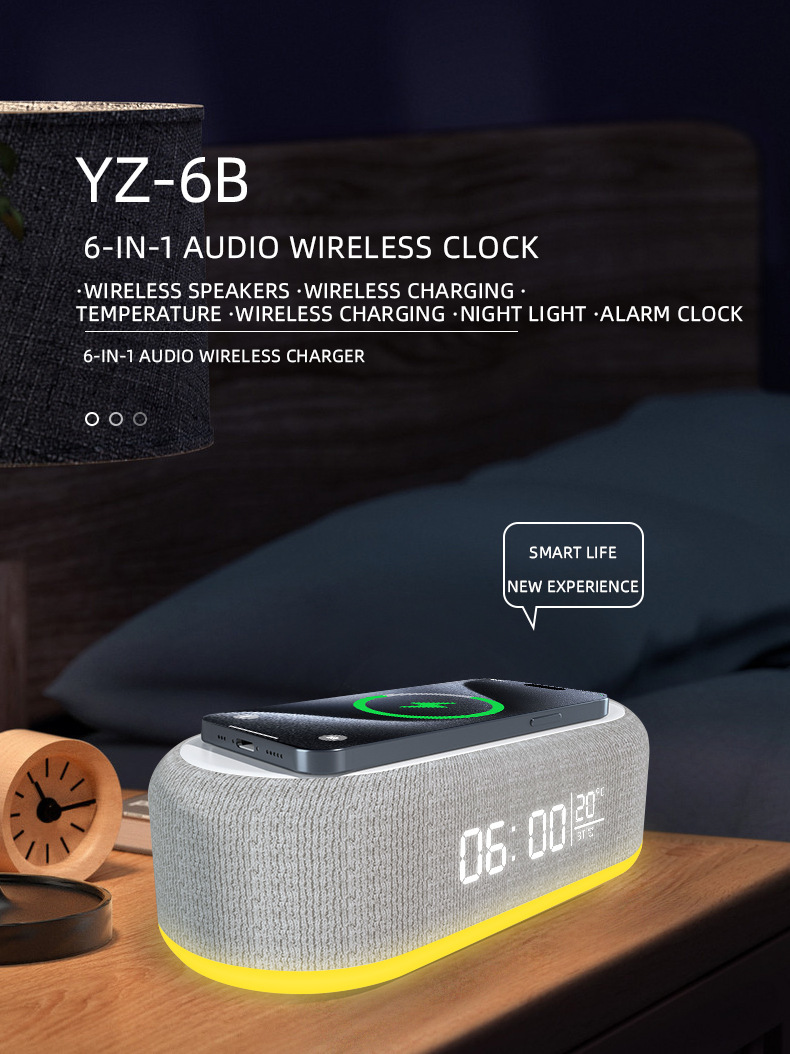 6 in 1 portable speaker and wireless charger with usb type c button control rechargeable lithium battery stereo audio output night light and alarm clock function details 0