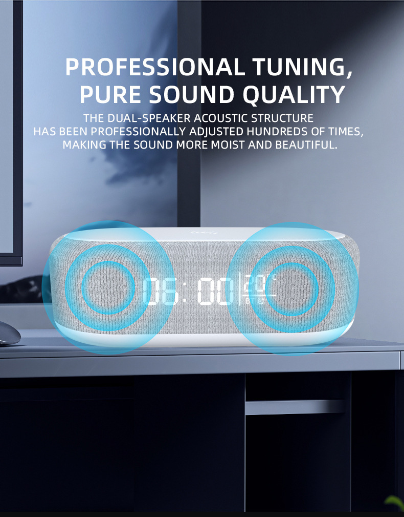 6 in 1 portable speaker and wireless charger with usb type c button control rechargeable lithium battery stereo audio output night light and alarm clock function details 2