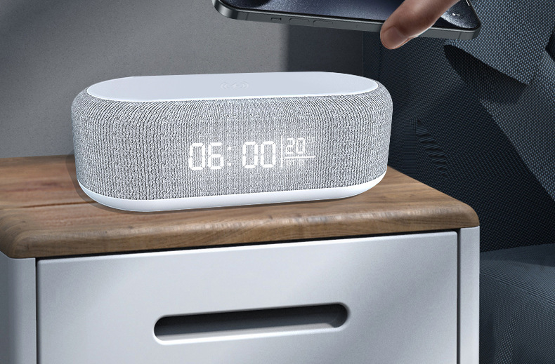 6 in 1 portable speaker and wireless charger with usb type c button control rechargeable lithium battery stereo audio output night light and alarm clock function details 4