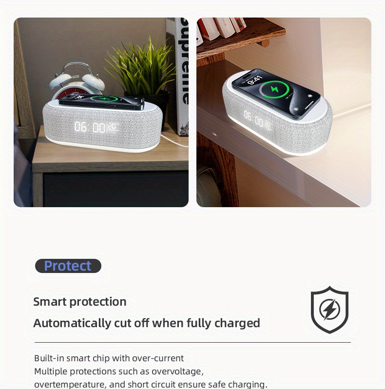 6 in 1 portable speaker and wireless charger with usb type c button control rechargeable lithium battery stereo audio output night light and alarm clock function details 5
