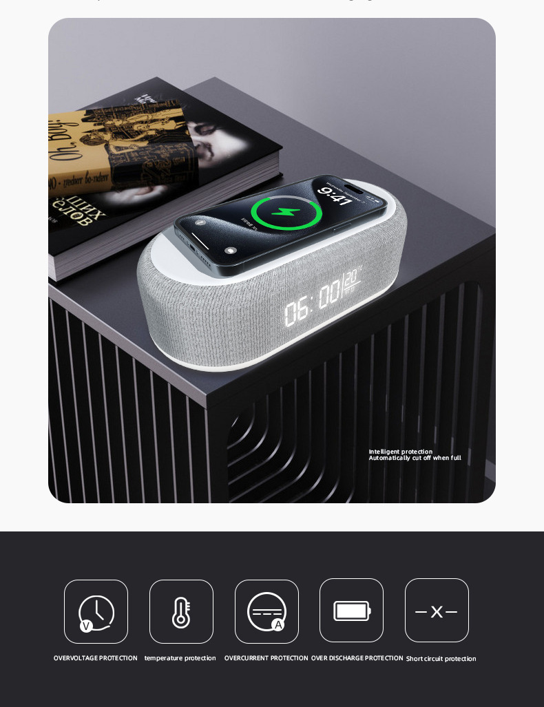 6 in 1 portable speaker and wireless charger with usb type c button control rechargeable lithium battery stereo audio output night light and alarm clock function details 6