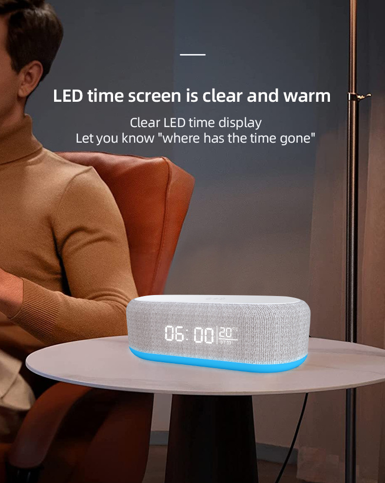 6 in 1 portable speaker and wireless charger with usb type c button control rechargeable lithium battery stereo audio output night light and alarm clock function details 7