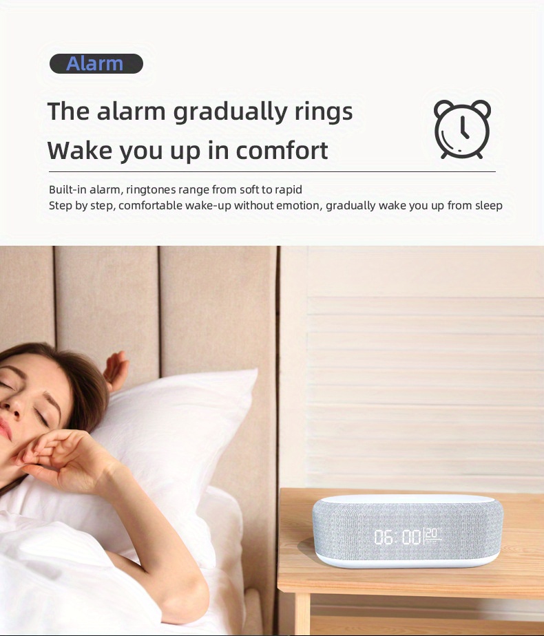 6 in 1 portable speaker and wireless charger with usb type c button control rechargeable lithium battery stereo audio output night light and alarm clock function details 8