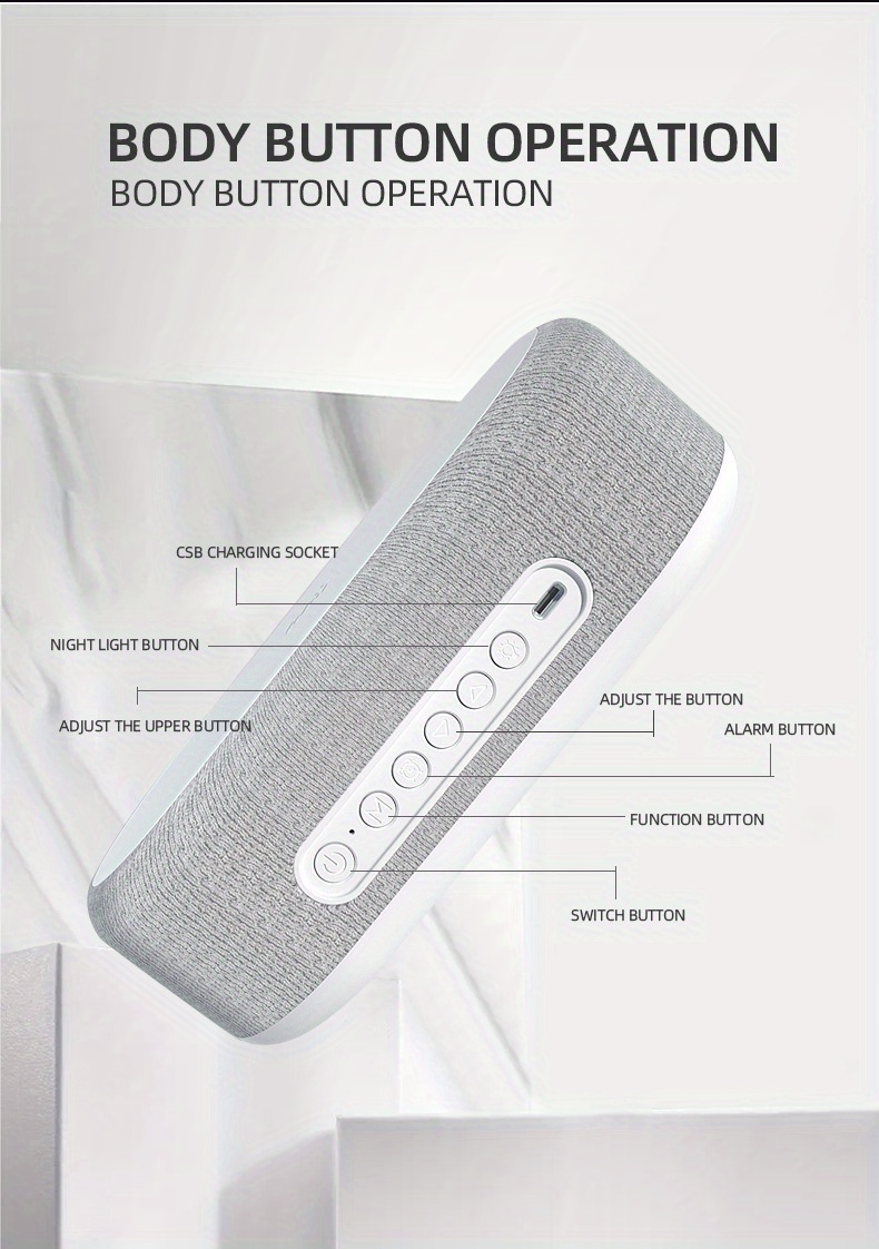 6 in 1 portable speaker and wireless charger with usb type c button control rechargeable lithium battery stereo audio output night light and alarm clock function details 12