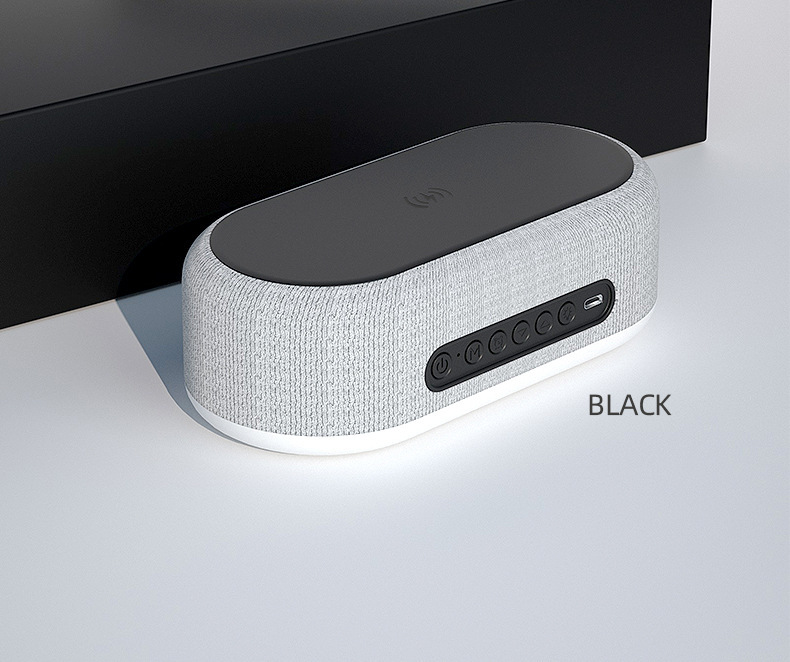 6 in 1 portable speaker and wireless charger with usb type c button control rechargeable lithium battery stereo audio output night light and alarm clock function details 14