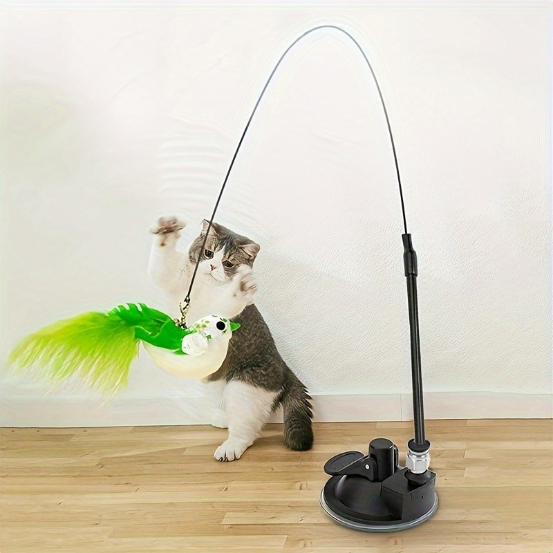 

1pc Feather Decor Cat Wire Teaser Stick With Suction Cup For Cat Interactive Supply