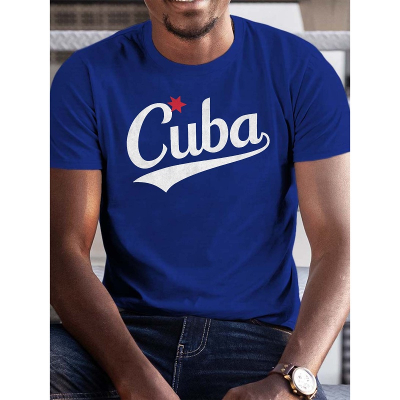 

Men's Casual Star Cuba Print Tee - Breathable Polyester, Short Sleeve, Round Neck T-shirt For Summer