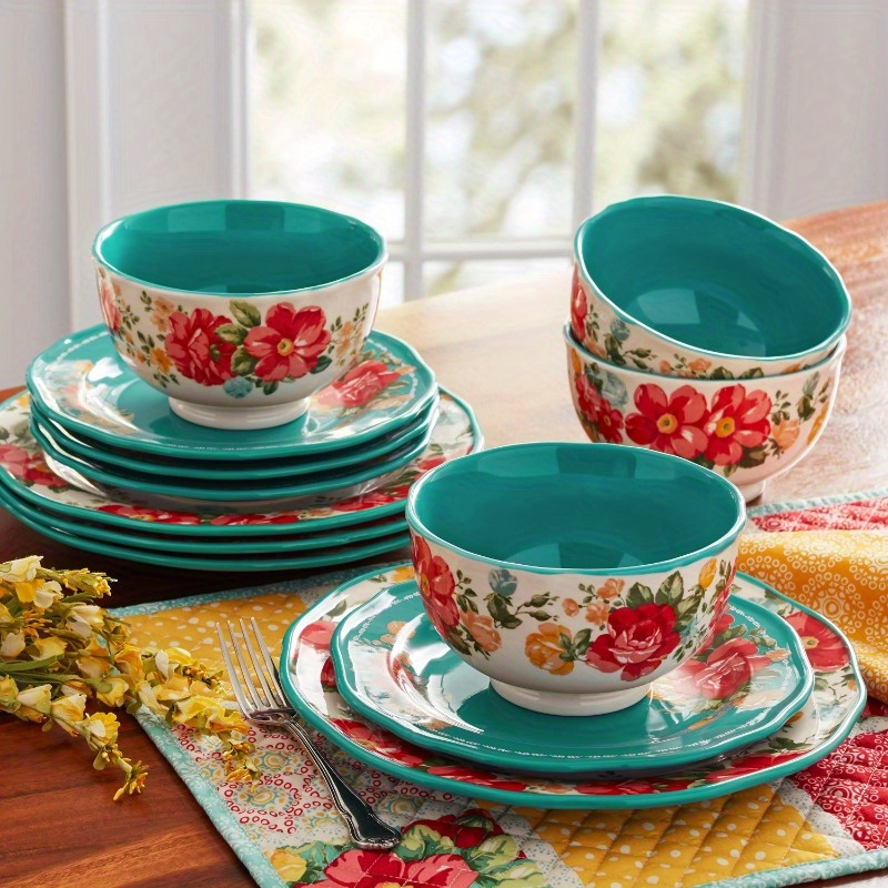 

Vintage Floral 12-piece Dinnerware Set, Tealvibrant Floral Designs On Of Teal & Linen Background Colors