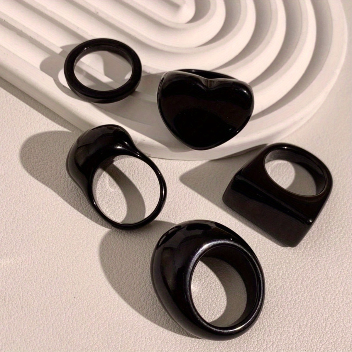 5pc Classic Pure Black Resin Ring Set for Women