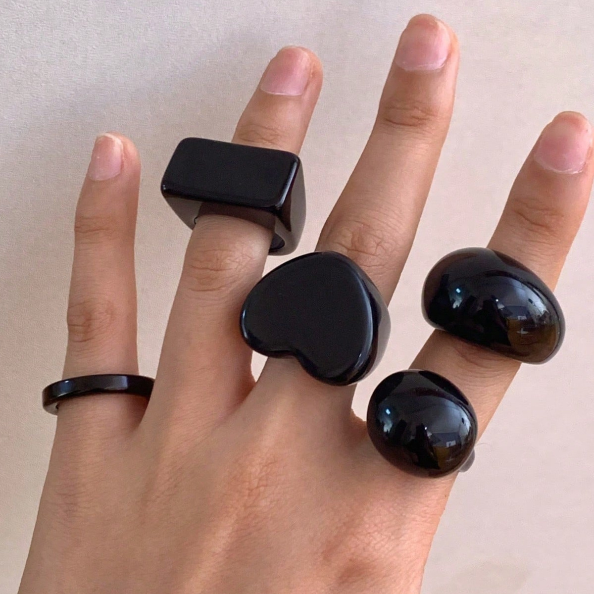 5pc Classic Pure Black Resin Ring Set for Women