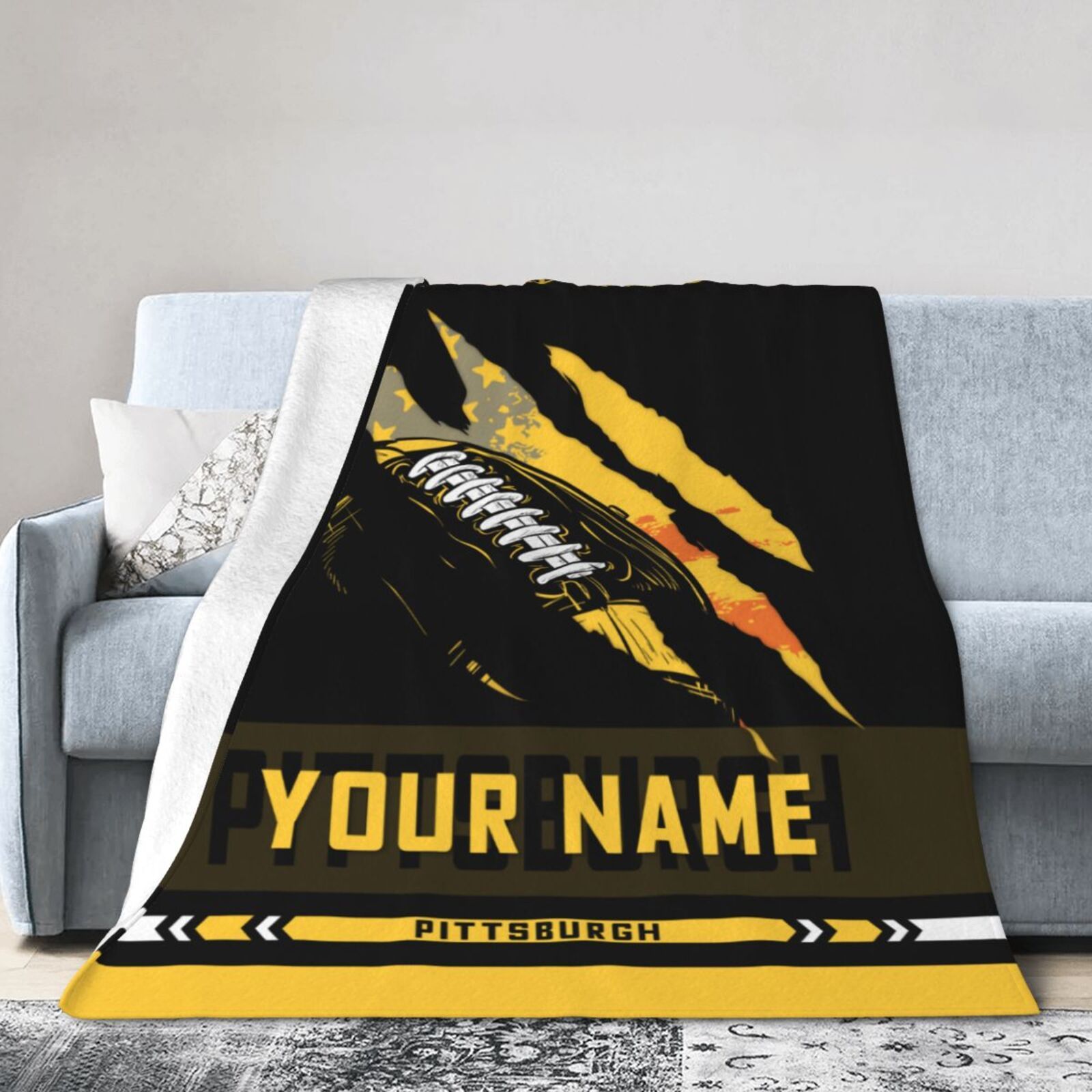 

Customizable Pittsburgh Football Fleece Throw Blanket - Personalized Name, Microfiber, Travel & Home Decor