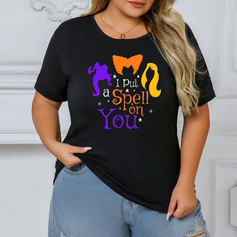 

Plus Size Graphic T-shirt - Polyester & Spandex Blend, Short Sleeve Crew Neck With "i Put A " Print, Casual Pullover Top For Women, Slight Stretch, Spring/summer Knit Fabric